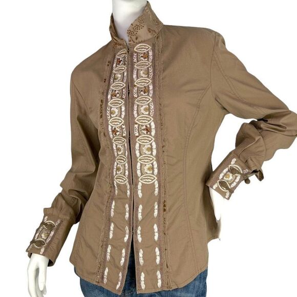 Roberto Cavalli Place Tan Floral Beaned Embroidered Shirt w/ Mandarin Collar 12 - Picture 1 of 16